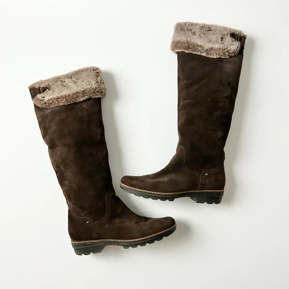 Aquatalia Tall Boots Suede Brown Faux Fur Trim Weatherproof Lug Sole 40 EU 10 US